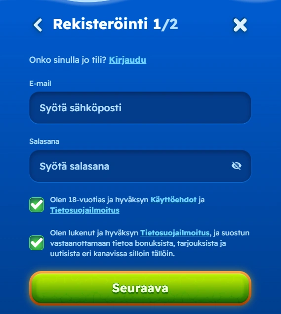 Spinfest Casino rekisteröinnin vaihe 2